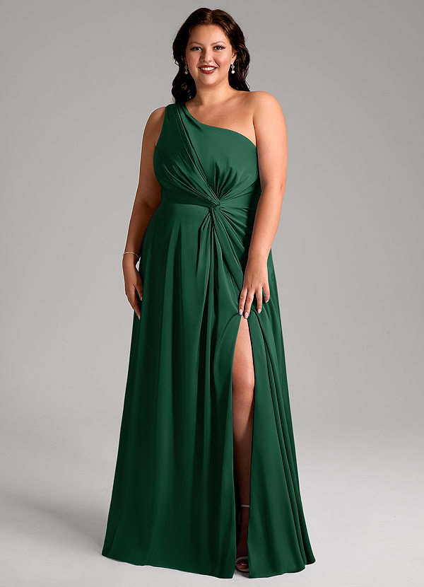Azazie Brooke Bridesmaid Dresses Dark Green A-Line One Shoulder Stretch Satin Dress image1