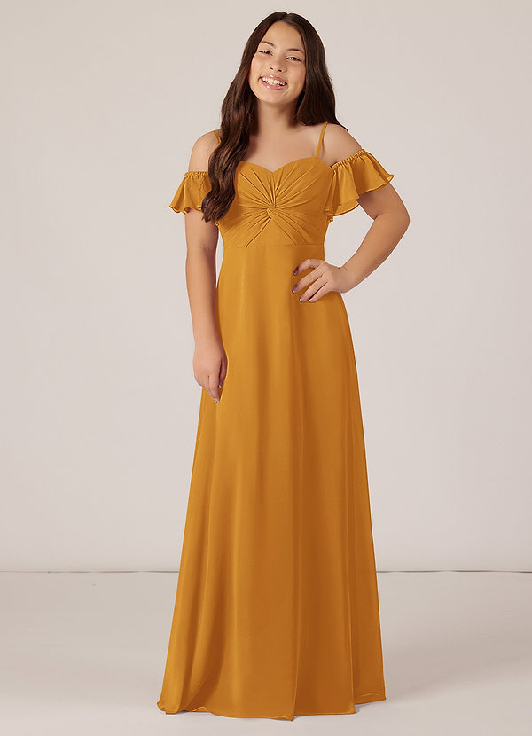 Azazie Juna Junior Robe Trapèze en Mousseline de soie Épaule décolletée Caramel écossais image1