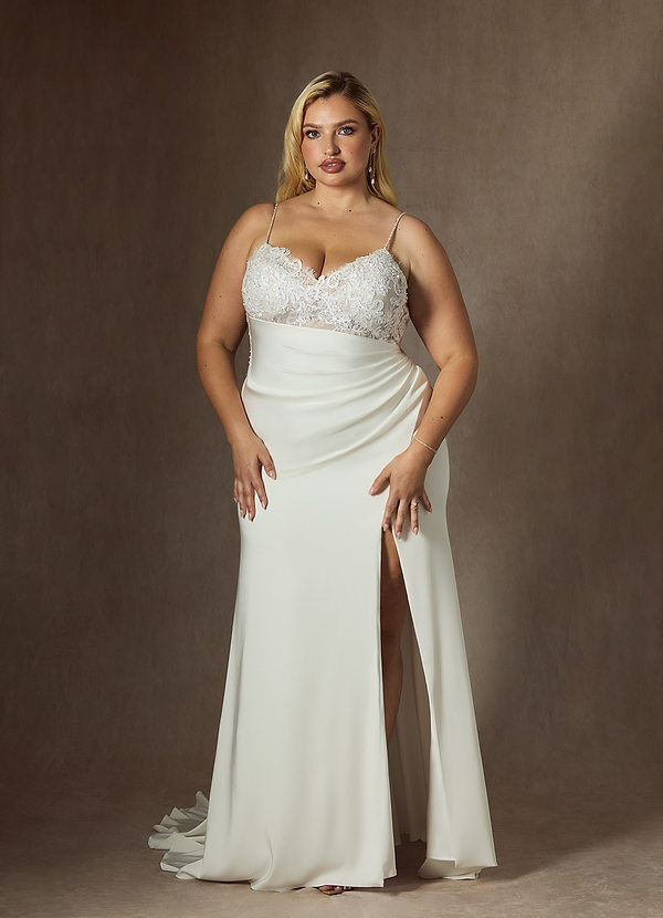 Azazie Nyx Robe de Mariée Robe Sirène en Satin extensible Col V à paillettes Blanc De Diamant image1