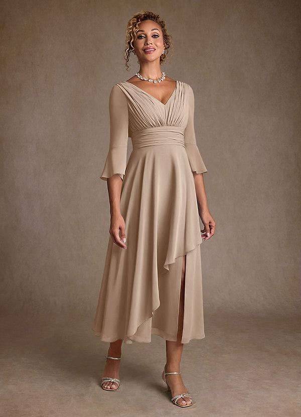 Azazie Aerynne Taupe A-Line Pleated Chiffon Dress | Azazie CA