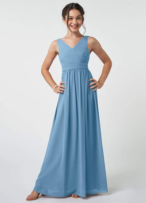 Azazie Kora Junior Steel Blue A-Line Pleated Chiffon Dress image1
