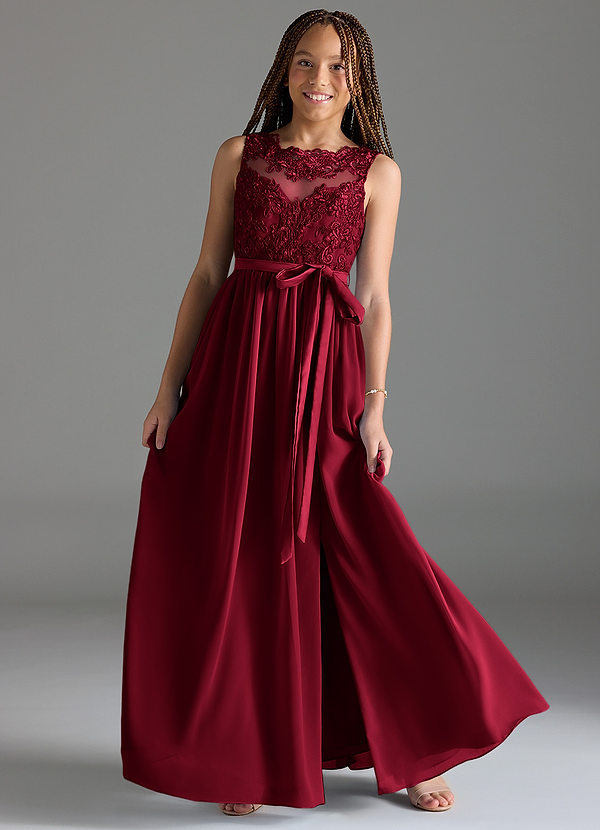 Azazie Elly Junior Burgundy A-Line Lace Chiffon Dress image1