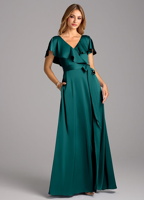 Azazie Lainey Bridesmaid Dresses Peacock A-Line with Pockets Stretch Satin Dress image1