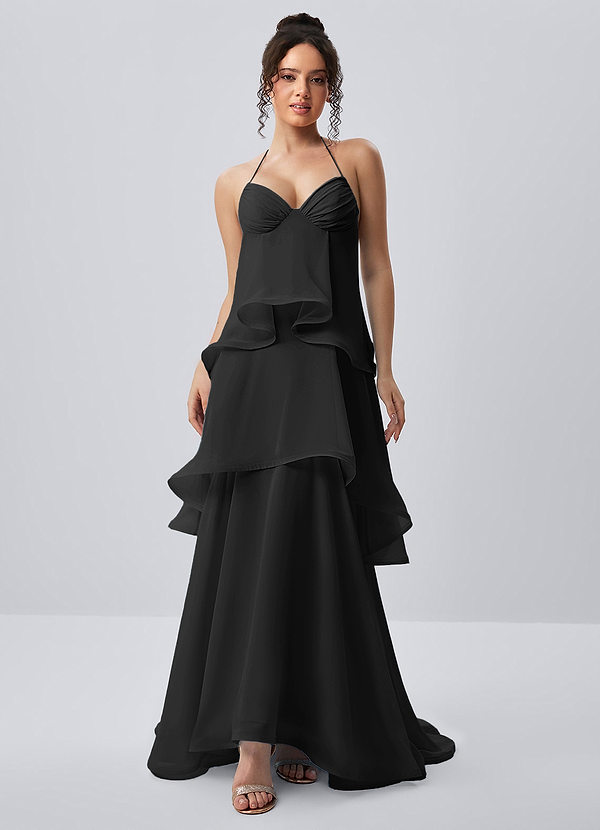 Eliaofen Zwart A-lijn chiffon zomerjurk met ruches image1