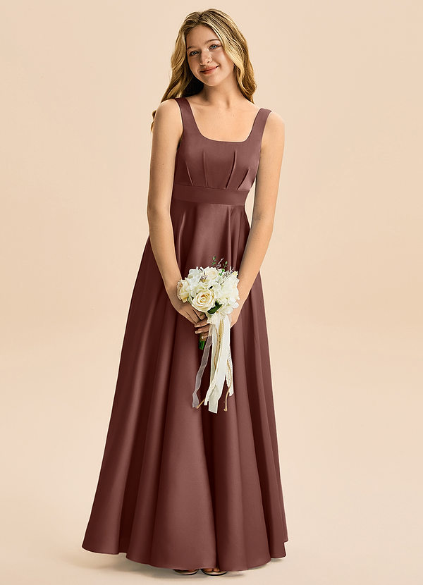 Azazie Gabby Junior Jurk van Stretch Satijn met A-Lijn Geplooid Espresso image1