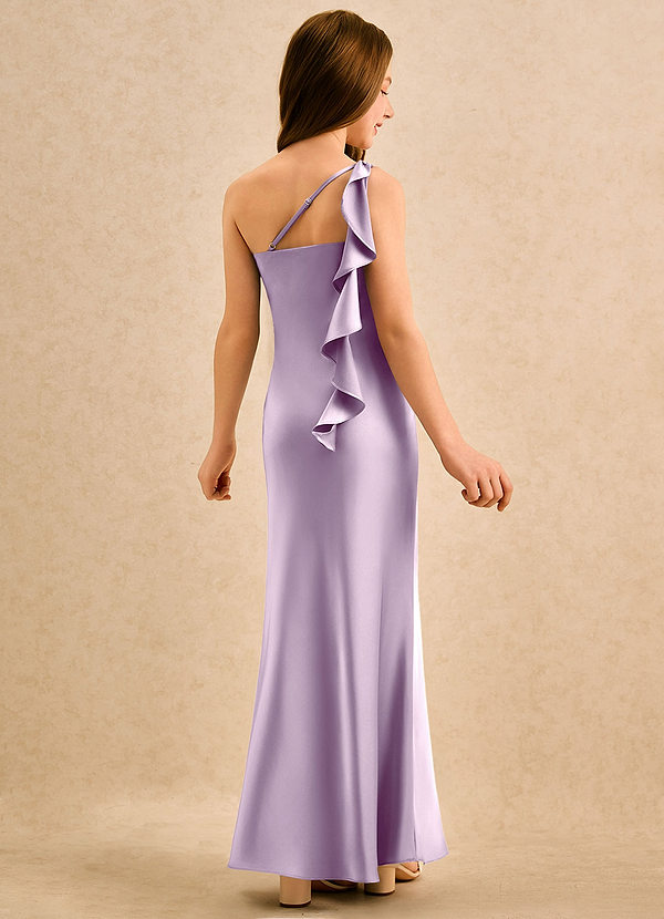 Azazie Almond Girls Formal 플라워 걸 드레스 쉬스 한쪽 어깨 스트레치 새틴 플로어 길이 드레스 image1