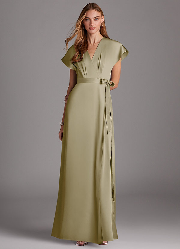 Azazie Nico Vestidos Dama de Honor Vestido de Musgo Verde de Satén Elástico de Corte en A con Cuello en V image1