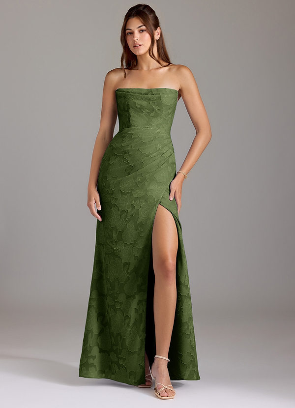 Azazie Leonis Bridesmaid Dresses Olive Sheath Strapless Floral Burnout Convertible Dress image1
