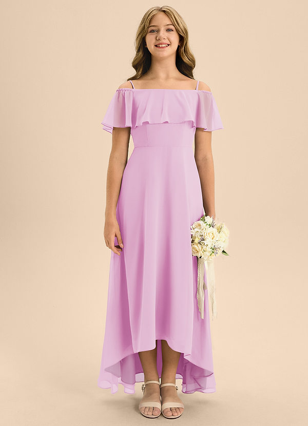 Azazie Maggie Junior Candy Pink A-Line Off the Shoulder Chiffon Dress image1