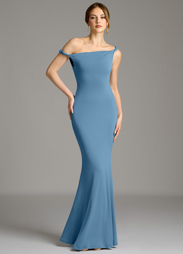 Azazie Shantal Bridesmaid Dresses Steel Blue Mermaid Off the Shoulder Premium Stretch Jersey Dress image1