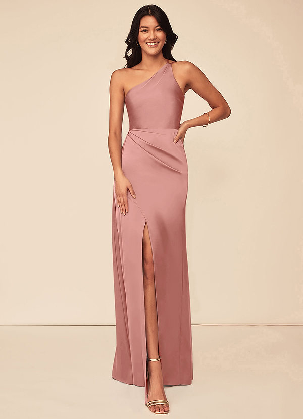 Azazie Maron Bridesmaid Dresses Rosette A-Line One Shoulder Stretch Satin Dress image1