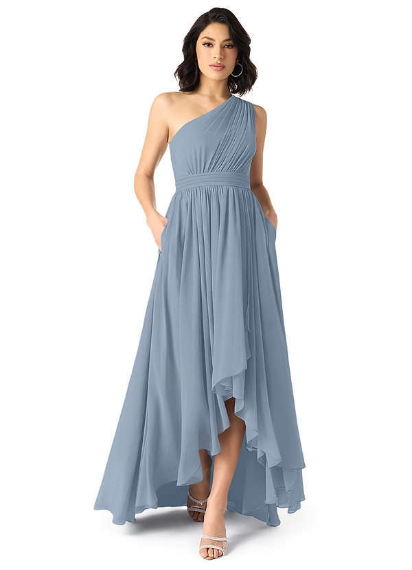 Azazie Mathilda Bridesmaid Dresses Dusty Blue A-Line One Shoulder Chiffon Dress image1