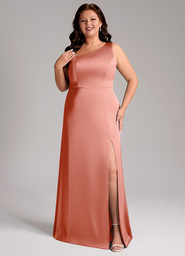 Azazie Phaedra Bridesmaid Dresses Coral A-Line One Shoulder Stretch Satin Dress image1