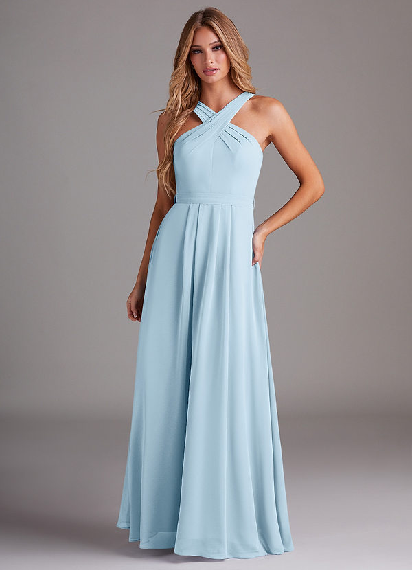 Azazie Dixie Bridesmaid Dresses Sky Blue A-Line Halter Pleated Chiffon Dress image1