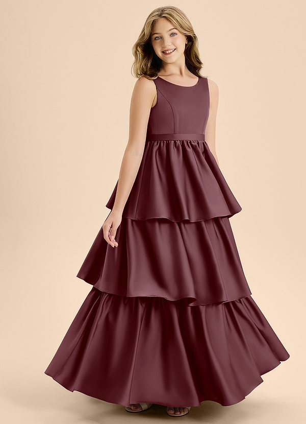 Azazie Meadowyn Junior Vestido de Sangrado de Satén Elástico de Corte En A con Lazo image1
