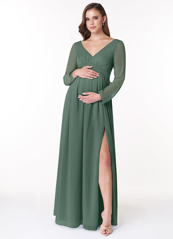 Azazie Teton Maternity Bridesmaid Dresses A-Line Long Sleeve Chiffon Floor-Length Dress image1