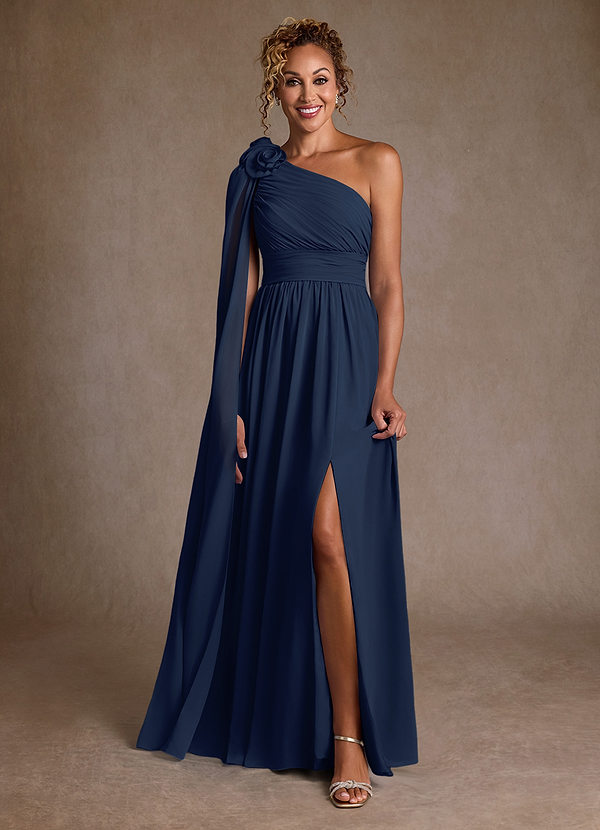 Azazie Lancaster Vestidos de Madre de la Novia Vestido de Azul Marino Oscuro de Gasa de Corte en A con Hombro unilateral image1