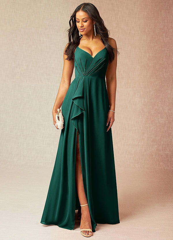 Azazie Kyedae Bridesmaid Dresses Emerald A-Line V-Neck Pleated Chiffon Dress image1