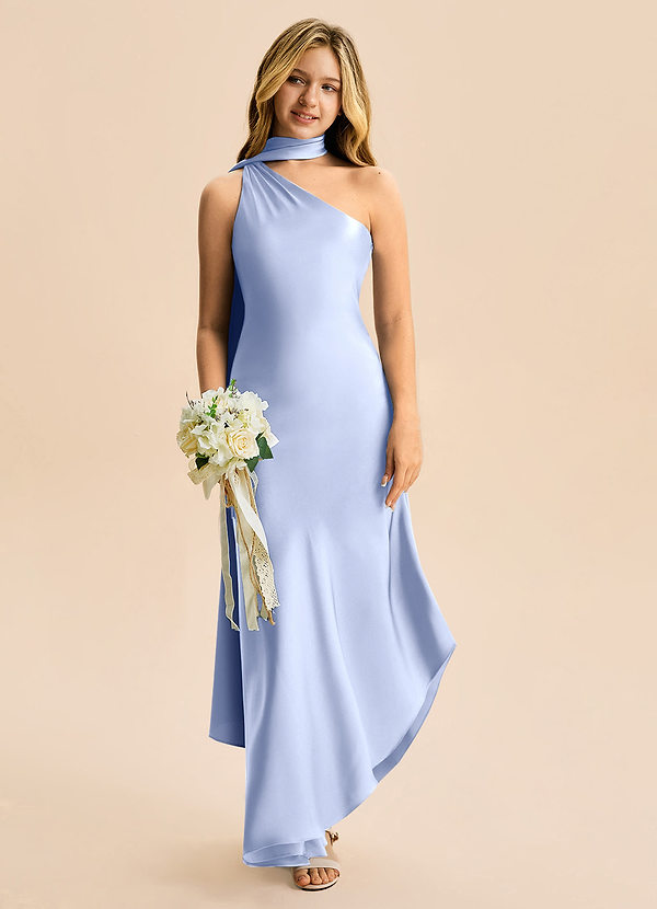 Azazie Briony Junior Ice Sheath Pleated Stretch Satin Dress image1