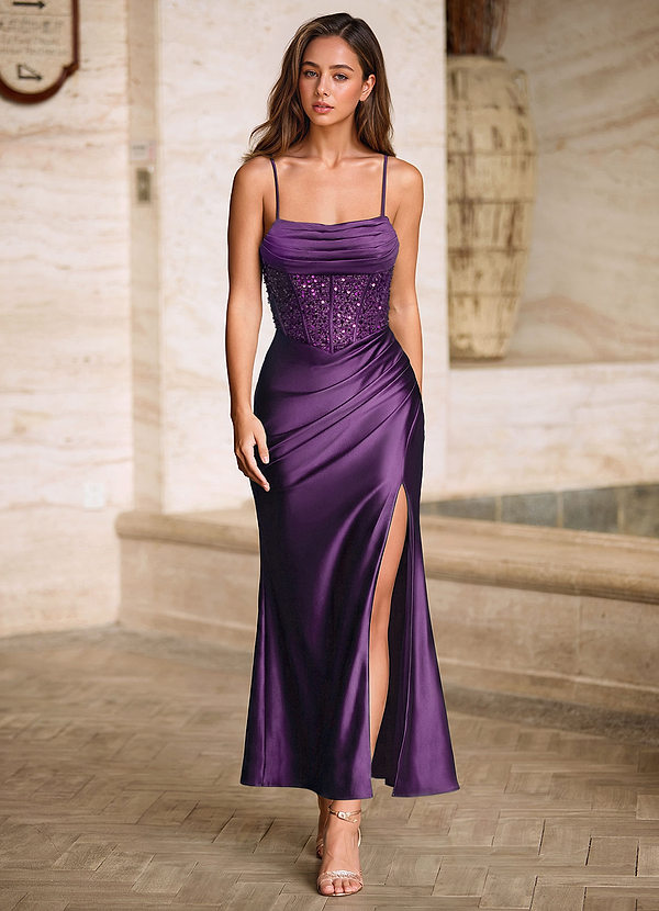 Viviannella Purple Sequin Embroidery Stretch Satin Wedding Guest image1