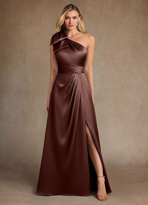 Azazie Easton Robe Mère de la Mariée & du Marié Robe Trapèze en Satin extensible Une épaule Expresso image1