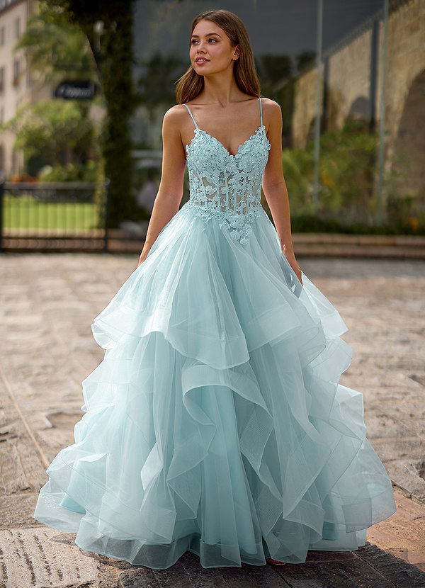Spitze Blue A-line V Neck Sheer Lace Corset Ruffle Prom Dress image1