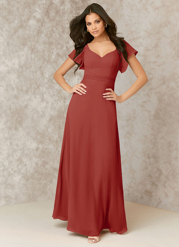 Terracotta Flutter Sleeve Chiffon A-Line Dress Bridesmaid Dresses | Azazie