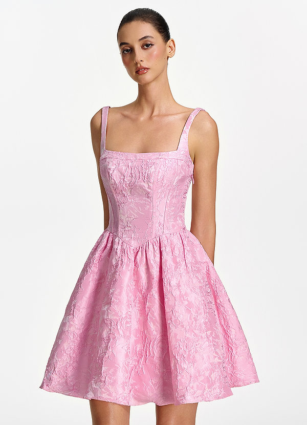 Lionelle Rosa Mini abito con scollo quadrato, corsetto jacquard e allacciatura a corsetto. image1