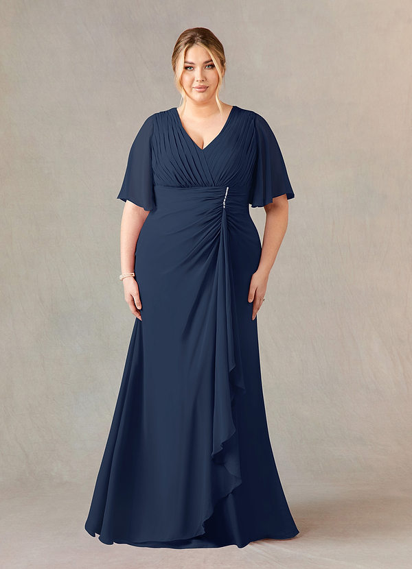 Azazie Carson Mother of the Brides Dresses Dark Navy A-Line V-Neck Lace Chiffon Dress image1