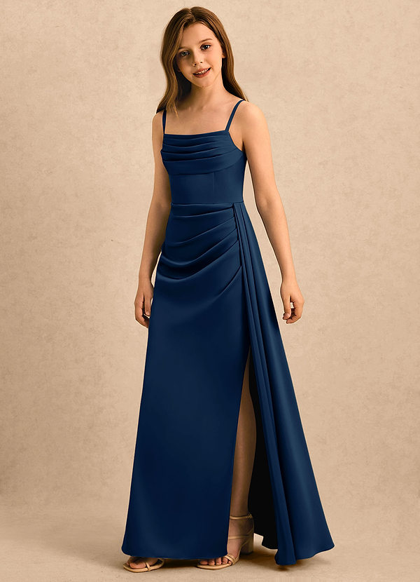 Azazie Shyla Girls Formal Sukienki dla dziewczynek sypiących kwiaty Osłona Pofałdowany Satyna elastyczna Długość podłogi Sukienka image1