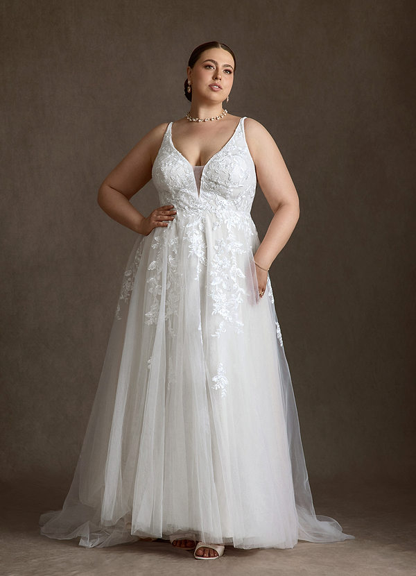 Azazie Sorella Wedding Dresses Diamond White A-Line V-Neck Sequins Tulle Dress image1