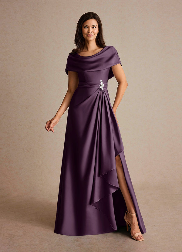 Azazie Branford Mother of the Brides Dresses Plum A-Line Pleated Stretch Satin Dress image1