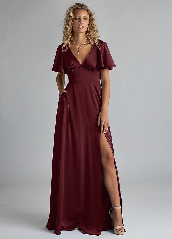 Azazie Kimber Bridesmaid Dresses Cabernet A-Line Ruched Stretch Satin Dress image1