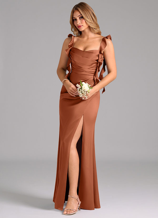 Azazie Jessamine Bridesmaid Dresses Cedar Rose Sheath Corset Stretch Satin Dress image1