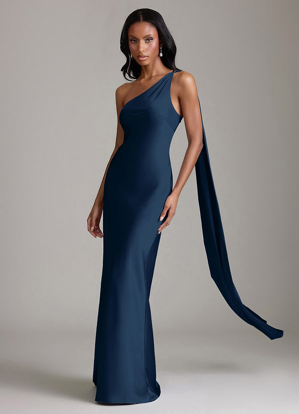 Azazie Galinda Suknie dla druhen Syrena Jedno ramię Satyna elastyczna Do ziemi Sukienka image1