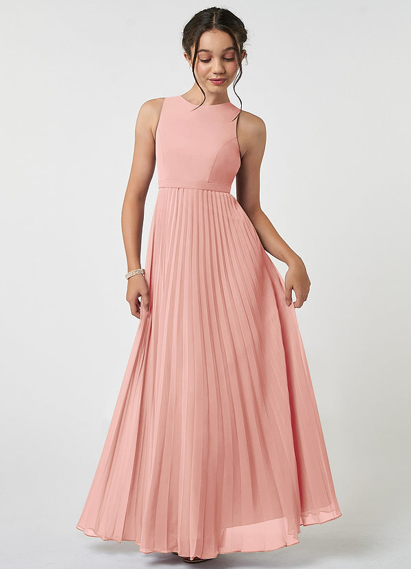 Azazie Lindie Junior A-Linie Plissee Chiffon Kleid Rosettenrosa image1