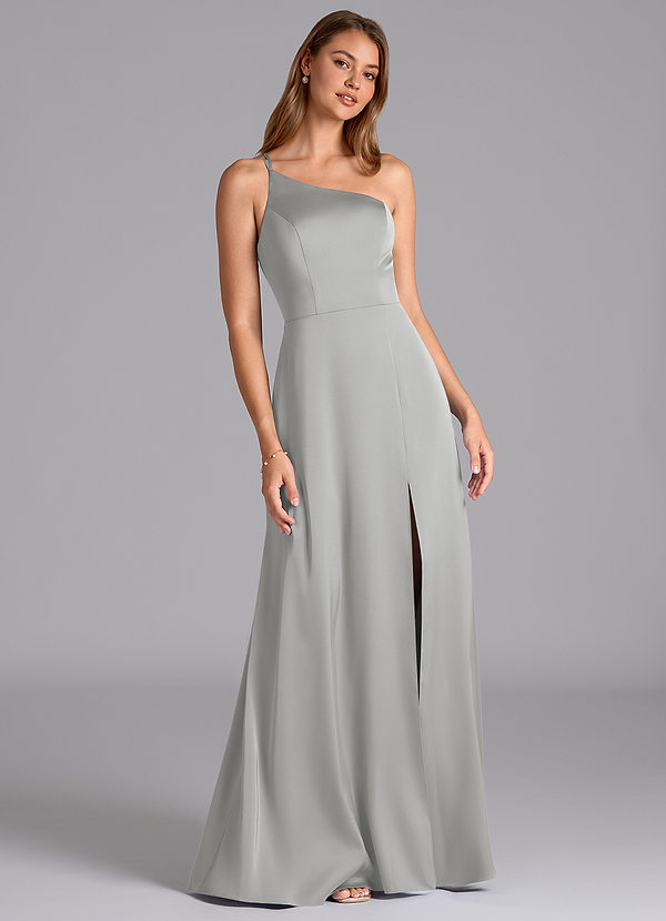 Azazie Trina 신부 들러리 드레스 A라인 한쪽 어깨 스트레치 새틴 바닥 길이 드레스 image1