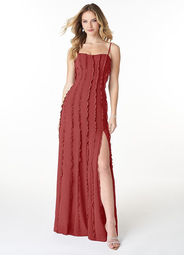 Azazie Lizz Bridesmaid Dresses A-Line Spaghetti Straps Cascading Ruffles Chiffon Floor-Length Dress image1