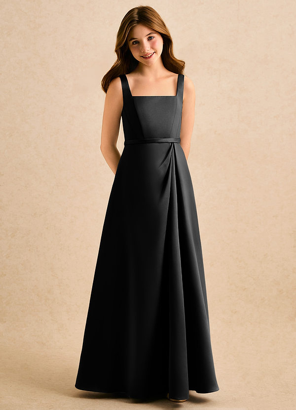 Azazie Emiko Girls Formal Flower Girl Dresses Black A-Line Pleated Matte Satin Dress image1