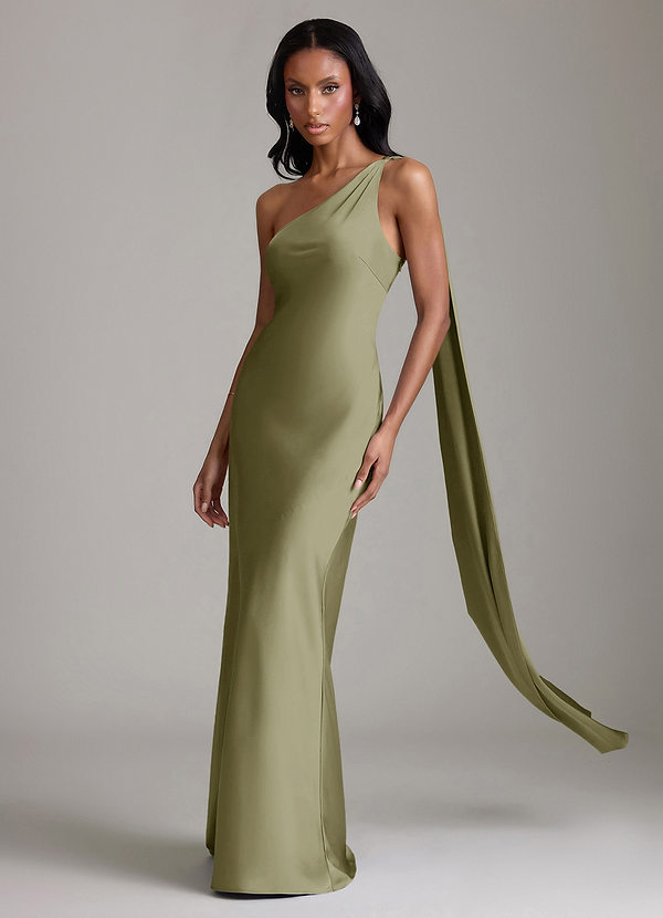 Azazie Galinda Brudtärneklänningar Klä av Sjöjungfru i Stretch Satin Ena axeln Pistasch image1