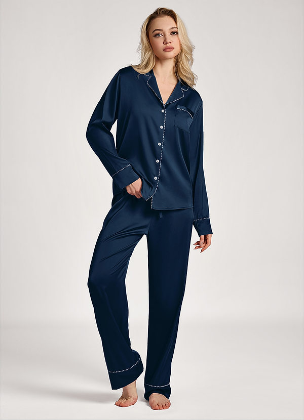 front Dark Navy Satin Lurex Trim Long Sleeve Pajama Set