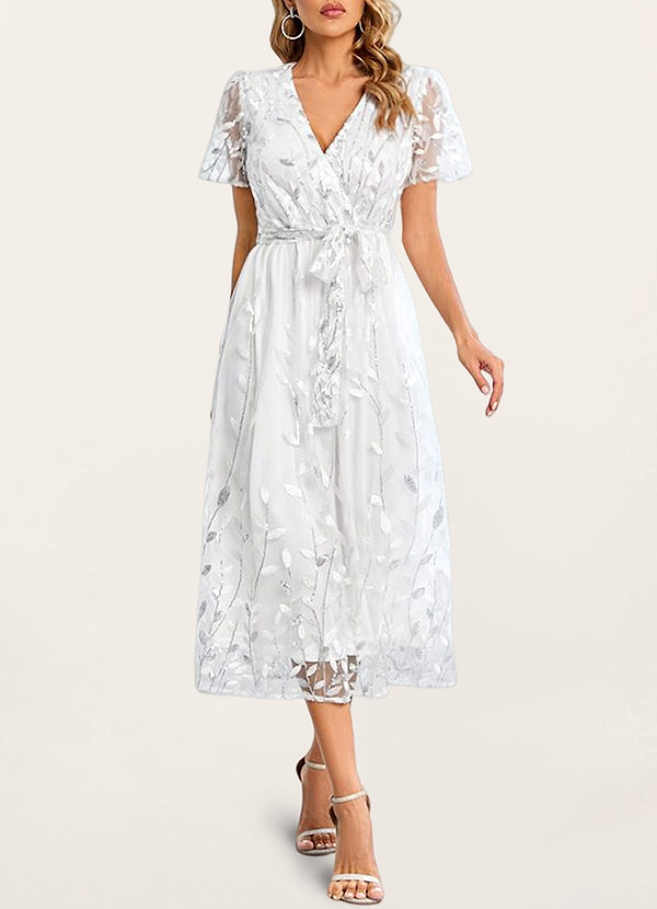 front Light Up Beauty White Floral Sequin Short Sleeve Maxi Dress