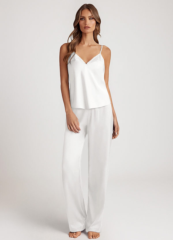 front Weiß Pyjama-Set aus Satin-Top mit weitem Bein und Schnürung vorne