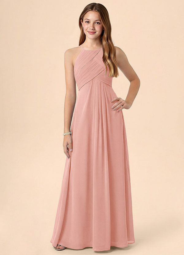 Azazie Ginny Junior A-linja Pliseerattu Sifonki Lattian pituus Nuorempi morsiusneito Pukeutua image1