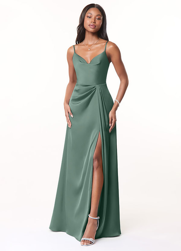 Azazie Brielle Bridesmaid Dresses Eucalyptus A-Line Cowl Spaghetti Straps Stretch Satin Dress image1