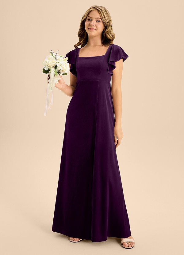 Azazie Bondi Junior Grape A-Line Bow Velvet Dress image1