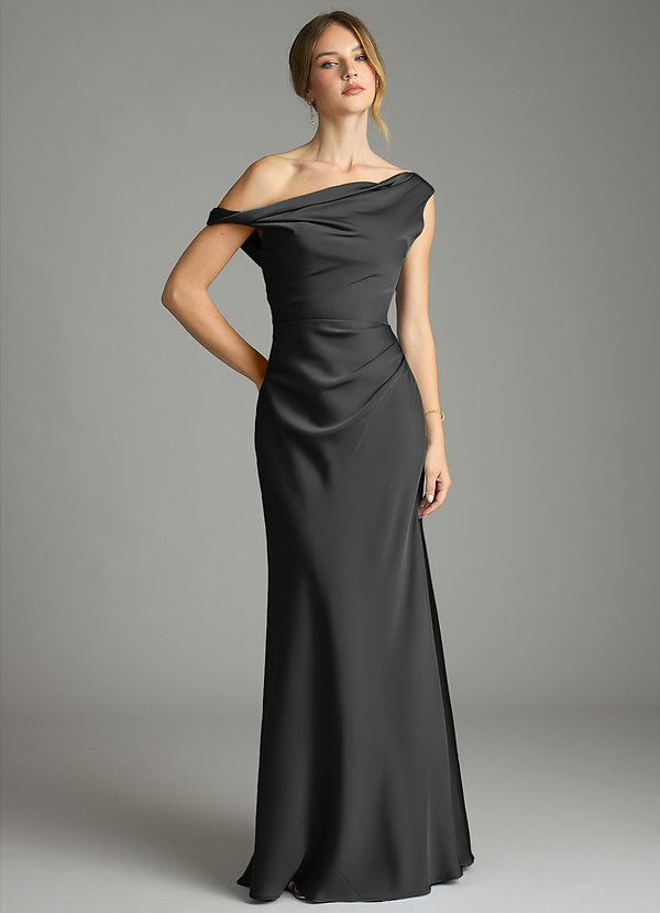 Azazie Emerson Bridesmaid Dresses Black Mermaid Off the Shoulder Stretch Satin Dress image1