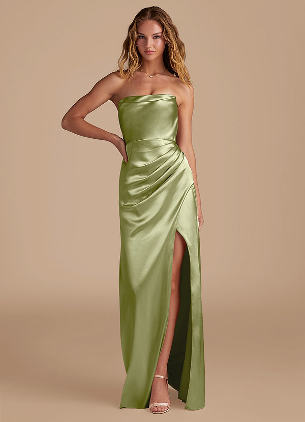 Azazie Leonis Bridesmaid Dresses Pistachio Mermaid Pleated Metallic Satin Convertible Dress image1