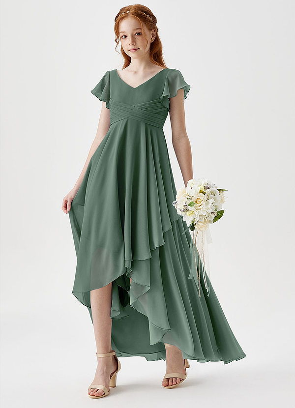 Azazie Caria Junior Eucalyptus A-Line Pleated Chiffon Dress image1
