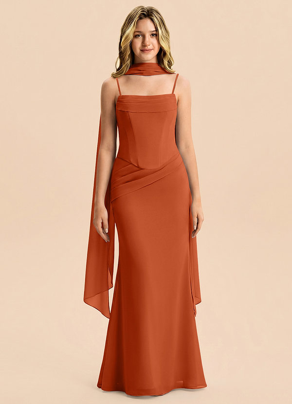 Azazie Sorrel Junior Meerjungfrau-Linie Plissee Chiffon Kleid Gebranntes Orange image1